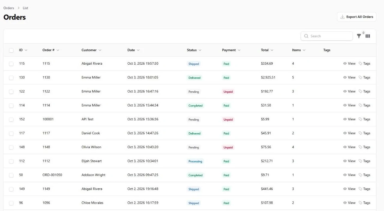 The orders list in the UnifyCart admin, with status, payment state, total and item count on every row