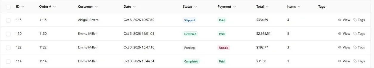 The orders screen listing recent orders with their status, payment state and total